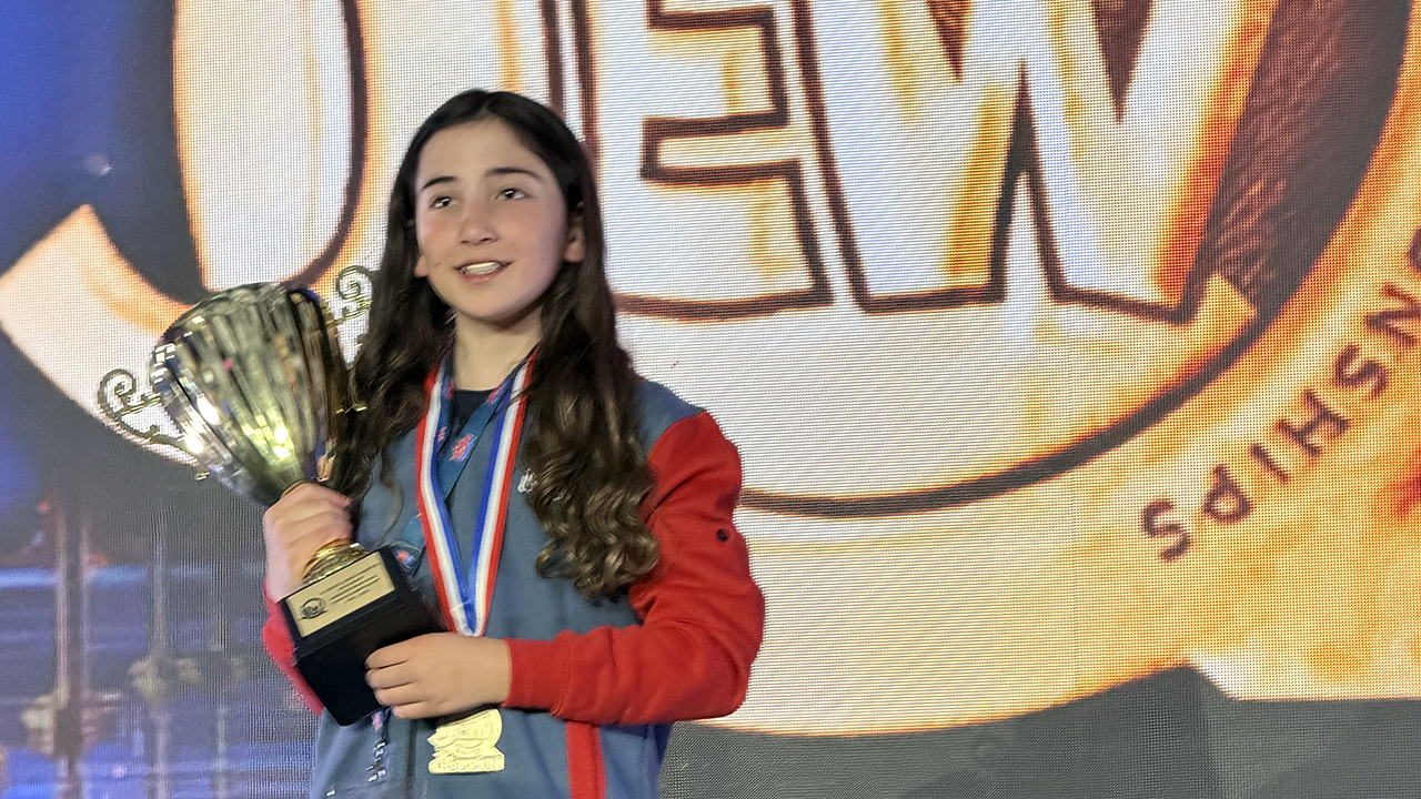 Fourth-grader Skylar Cohen, 10, of Lafayette won first place for her grade at the JewQ International Torah Championship in Brooklyn, March 22, 2026. (Silber Studios/Merkos 302)