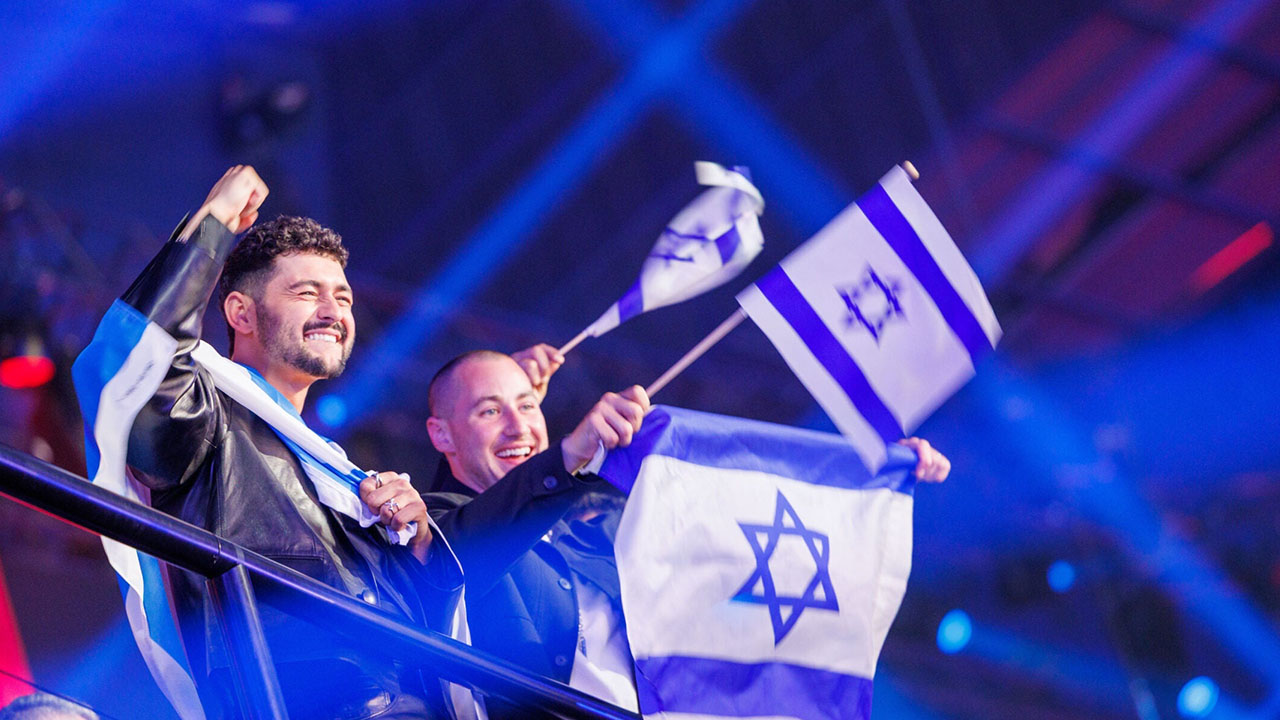 Noam Bettan from Israel celebrates reaching the final of the 70th Eurovision Song Contest in the Stadthalle in Vienna, May 12, 2026.(Jens Büttner/picture alliance via Getty Images)