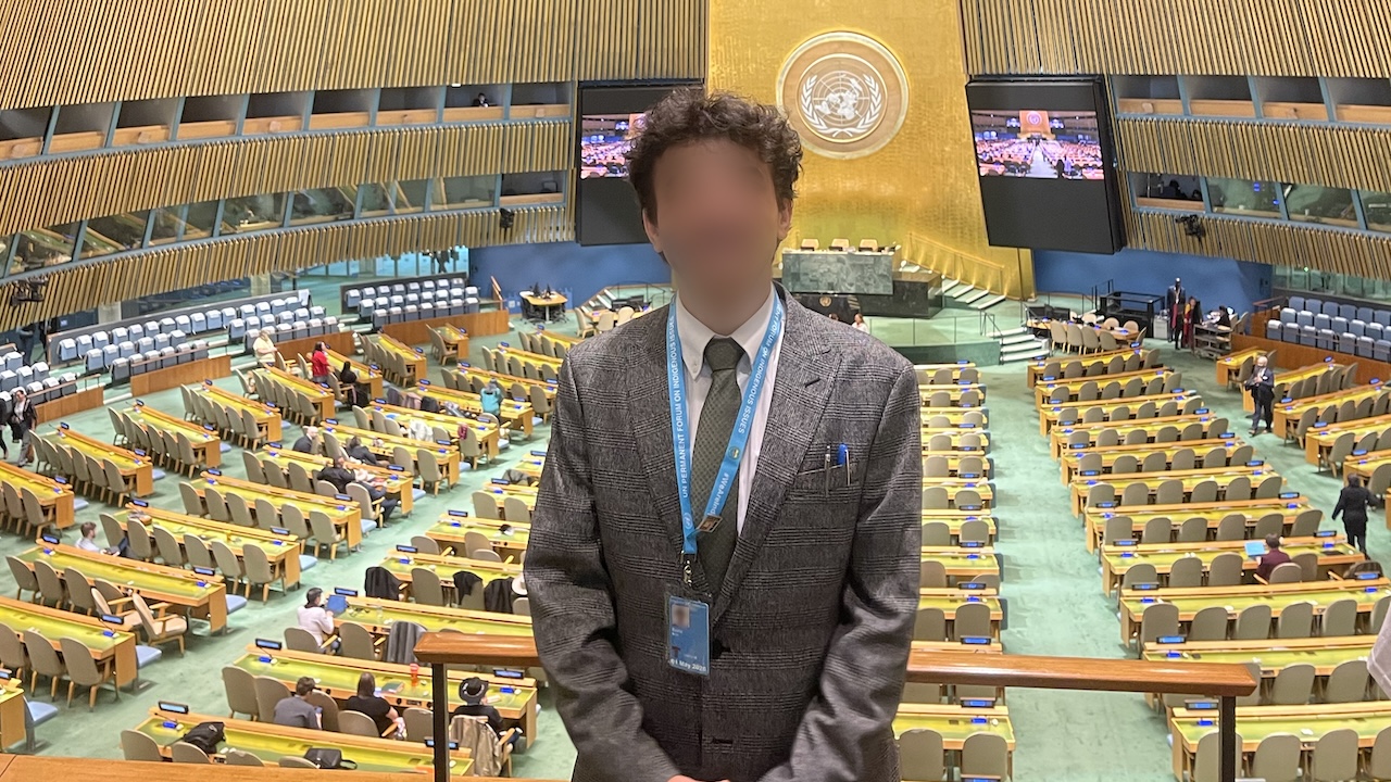 Mark Basta, who now works as the Arabic outreach manager for JIMENA: Jews Indigenous to the Middle East and North Africa, at the United Nations as a member of a civil rights society in April 2025. Basta's face is blurred due to safety concerns for his remaining family in Egypt. (Courtesy)