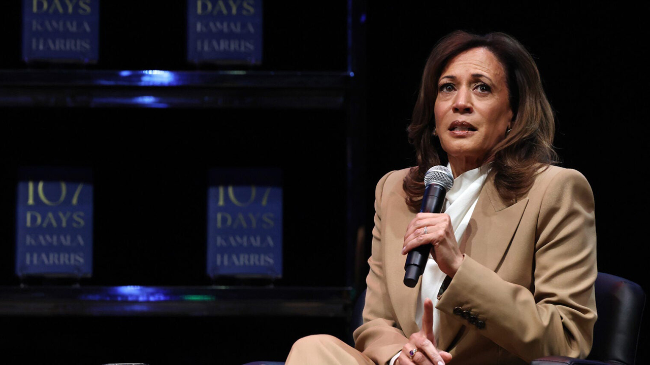 Former U.S. Vice President Kamala Harris speaks at the Wiltern Theatre on September 29, 2025 in Los Angeles, California. Harris is in the midst of a 15-city book tour following the release of her new book “107 Days,” recounting her presidential campaign against President Donald Trump. (Mario Tama/Getty Images)