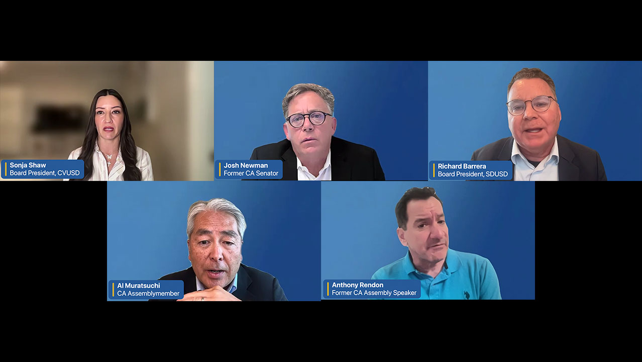 A composite of the candidates for Calif. Superintendent of Public Instruction, who appeared in a May 17 online forum put on by Jewish California. (Screenshots via Zoom/Jewish California)