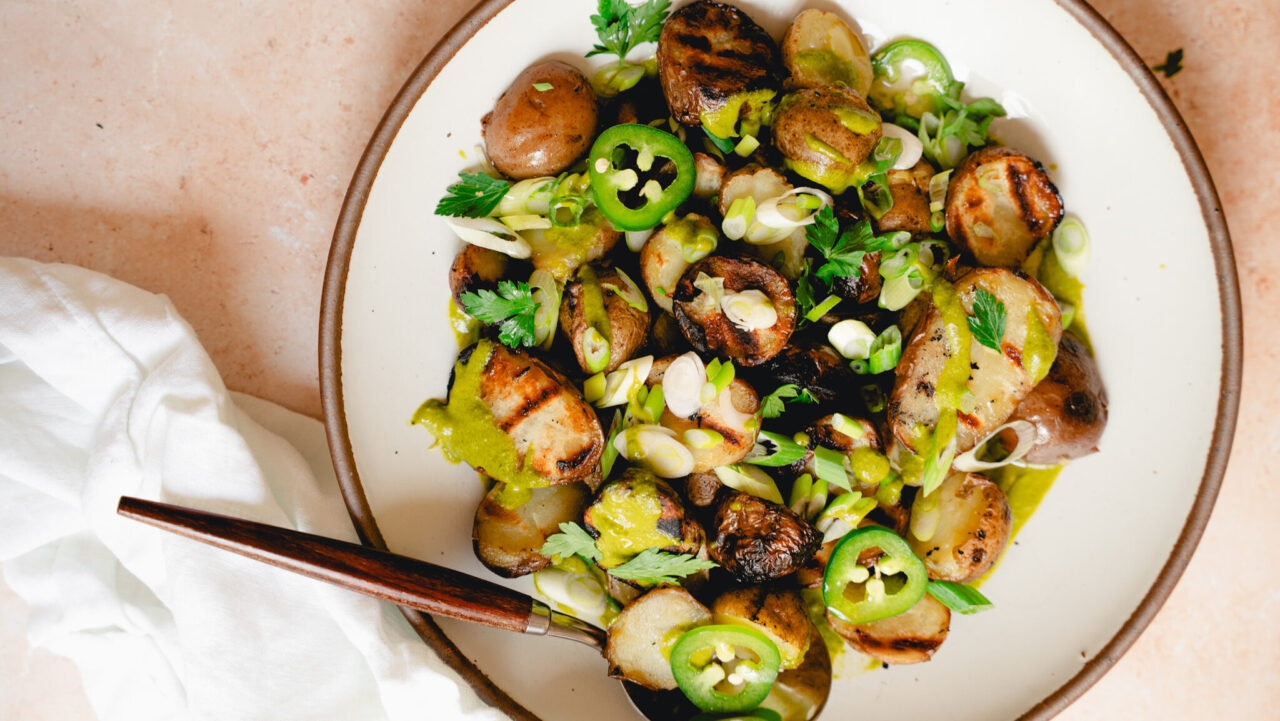 Grilled Potato Salad involving barbecuing  potatoes outdoors to keep the house nice and cool is perfect for a summer picnic or get-togethers with friends and family. (Micah Siva)