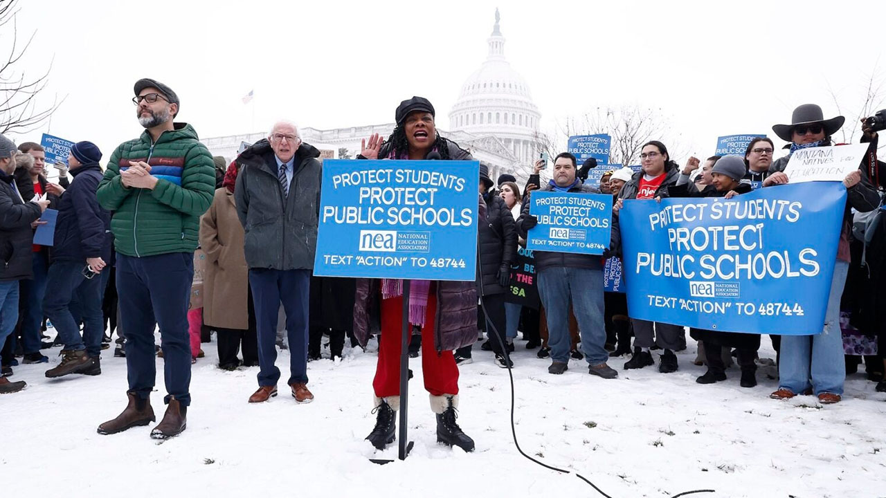 Members of the National Education Association and allies in Congress rally outside Secretary of Education nominee Linda McMahon’s confirmation hearing on February 12, 2025 in Washington, D.C. (Paul Morigi/Getty Images for National Education Association)