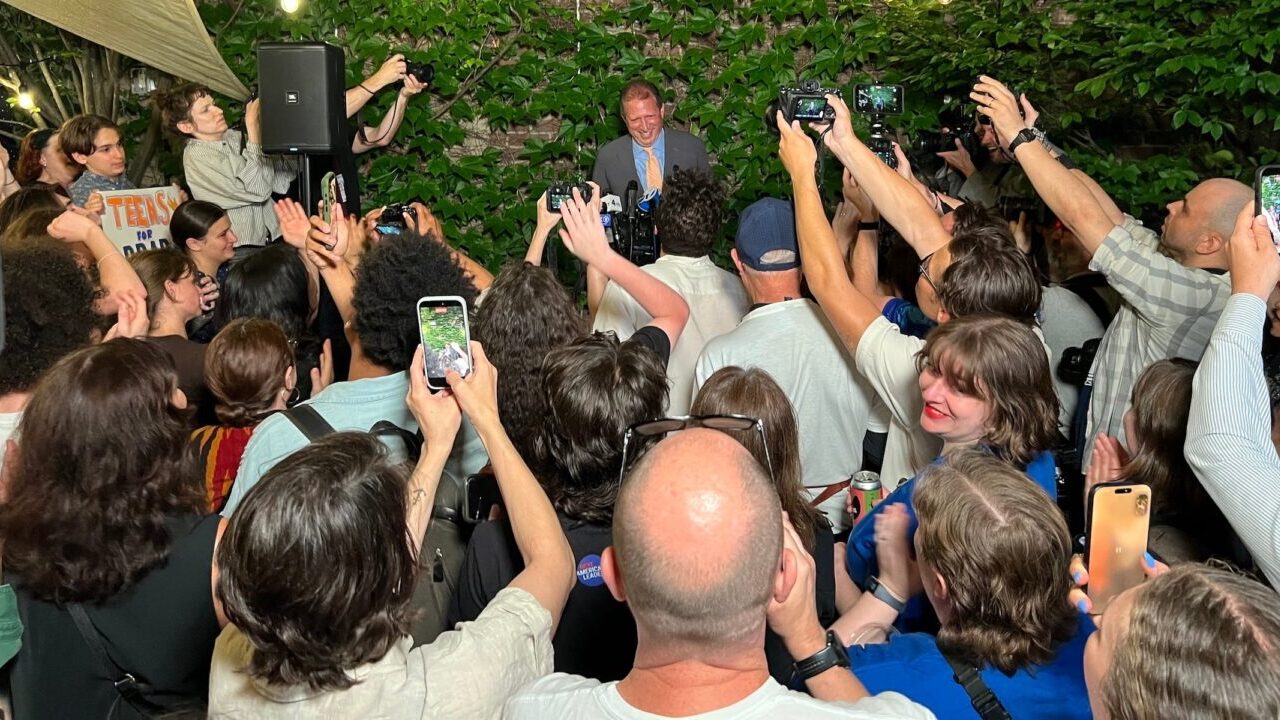 Jewish progressive Brad Lander celebrates his victory in the Democratic primary for New York's 10th congressional district with supporters, Brooklyn, New York, June 23, 2026. (Jackie Hajdenberg/JTA)