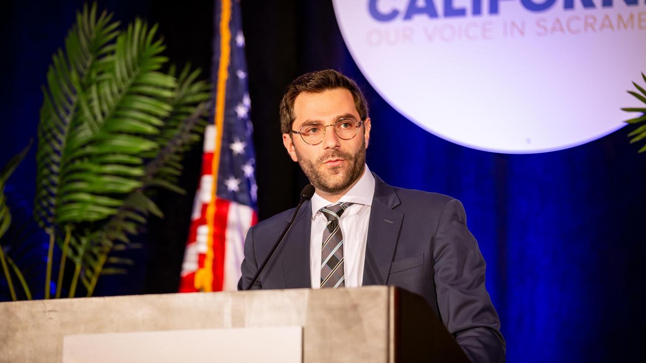 Jewish California CEO David Bocarsly speaks at the second day of the group's annual legislative summit in Sacramento, May 12, 2026. (Courtesy Jewish California)