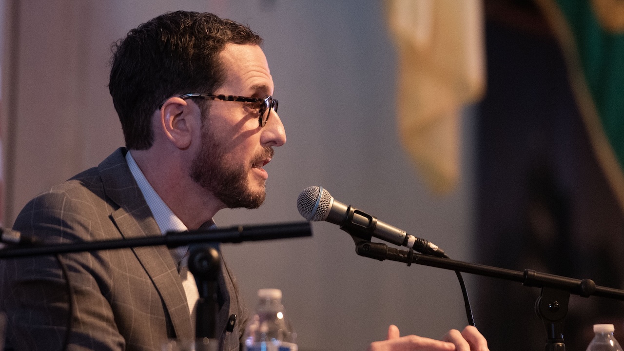 Calif. state Sen. Scott Wiener, pictured here speaking during the San Francisco Independent Media Coalition’s congressional candidate forum on April 15, 2026, was berated by an anti-Zionist activist in a viral video on June 24. (Aaron Levy-Wolins/J. Staff)