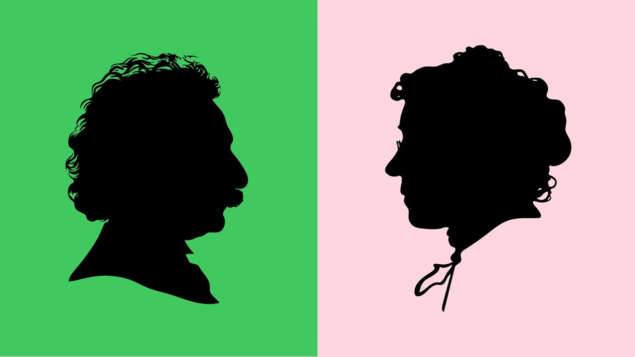Images of Albert Einstein and Emma Goldman are featured in "Ask Jewish Lives," an AI bot that bases its conversations on the "Jewish L:ives" series of biographies. (Dov Abramson Studio)