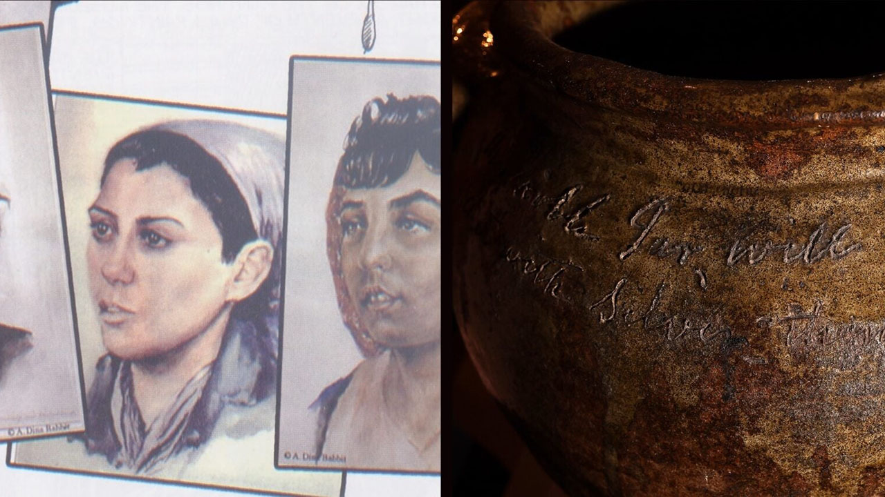 Left: Portraits painted by Dina Babbit at Auschwitz, Four of the portraits that Dina Babbitt painted in Auschwitz. (Courtesy Rafael Medoff). Right: A storage jar made by Dave the Potter. (Lane Turner/The Boston Globe via Getty Images)