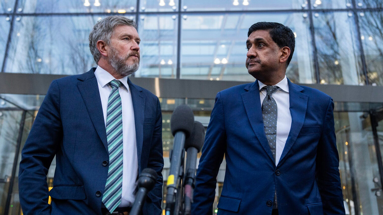 Reps. Thomas Massie (left) and Ro Khanna conduct a news conference after reviewing unredacted portions of the Jeffrey Epstein files, Feb. 9, 2026. (Tom Williams/CQ Roll Call)
