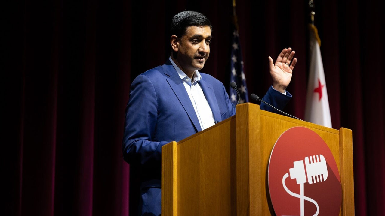 Rep. Ro Khanna speaks at a town hall event on Feb. 20, 2026 in Stanford, California. (Benjamin Fanjoy/Getty Images)