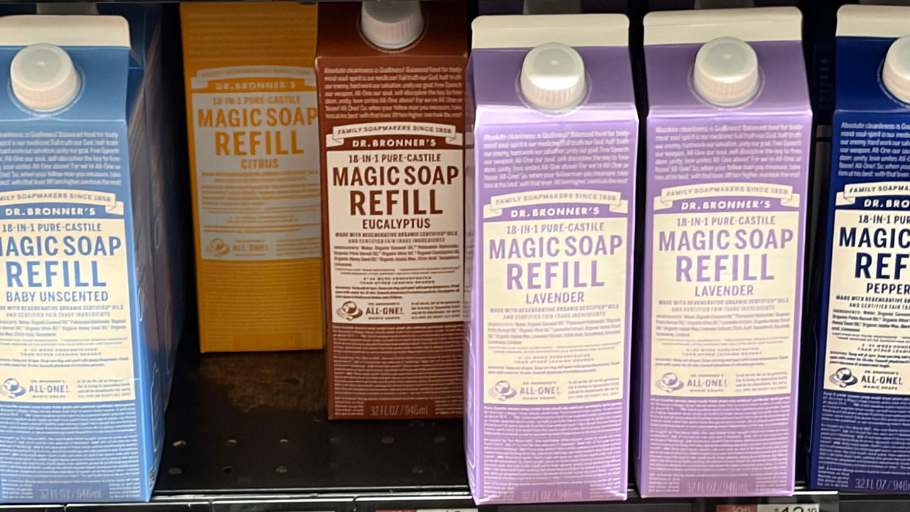 Dr. Bronner’s products on the shelves of the Park Slope Food Coop in Brooklyn in July 2026. (Alyssa Katz/Forward)
