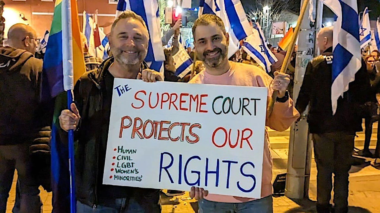 Mickey Gitzin, right, and Daniel Sokatch take part in a pro-democracy demonstration in Tel Aviv, part of a wave of protests that engulfed the country after the government proposed a judicial branch overhaul in early 2023.  (Courtesy NIF)