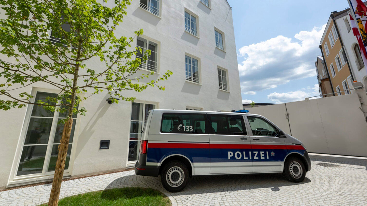 A police vehicle is parked in the atrium of the new police center in Braunau, Austria, which is housed in Hitler's birthplace. (Peter Kneffel/picture alliance via Getty Images)