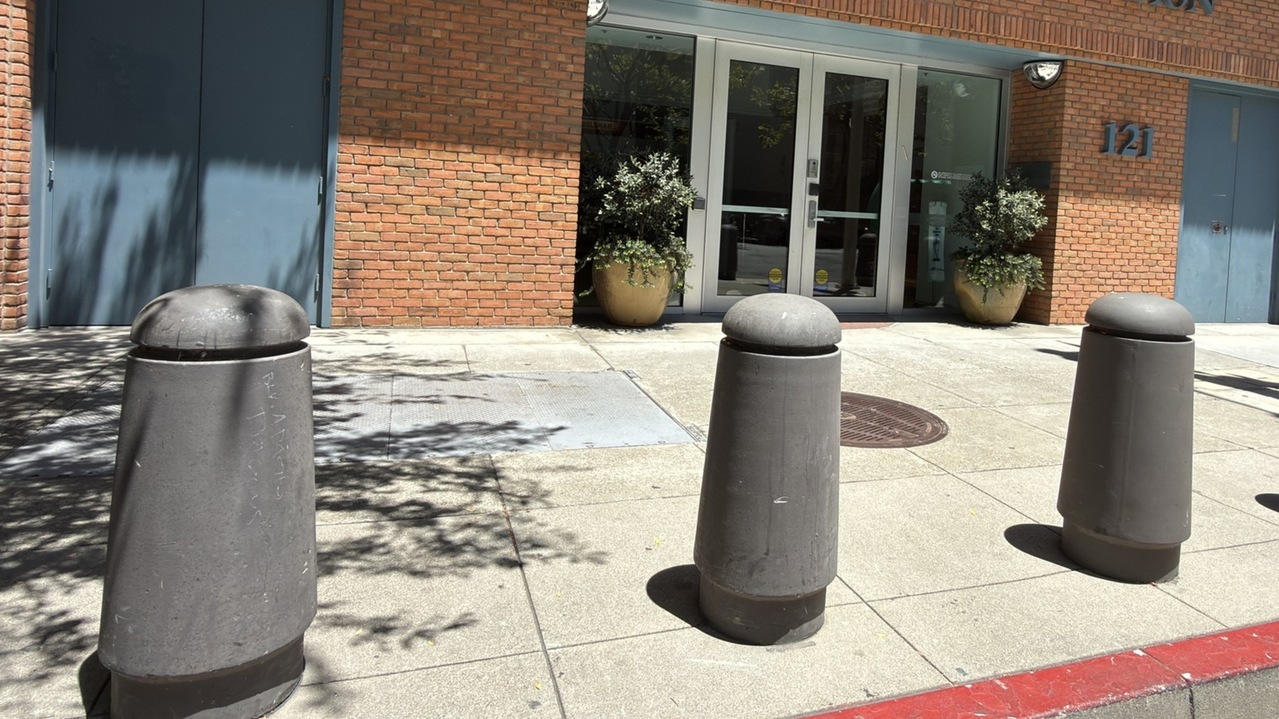The state’s Nonprofit Security Grant Program pays for physical barriers such as anti-ramming posts. (Niva Ashkenazi/J. Staff)