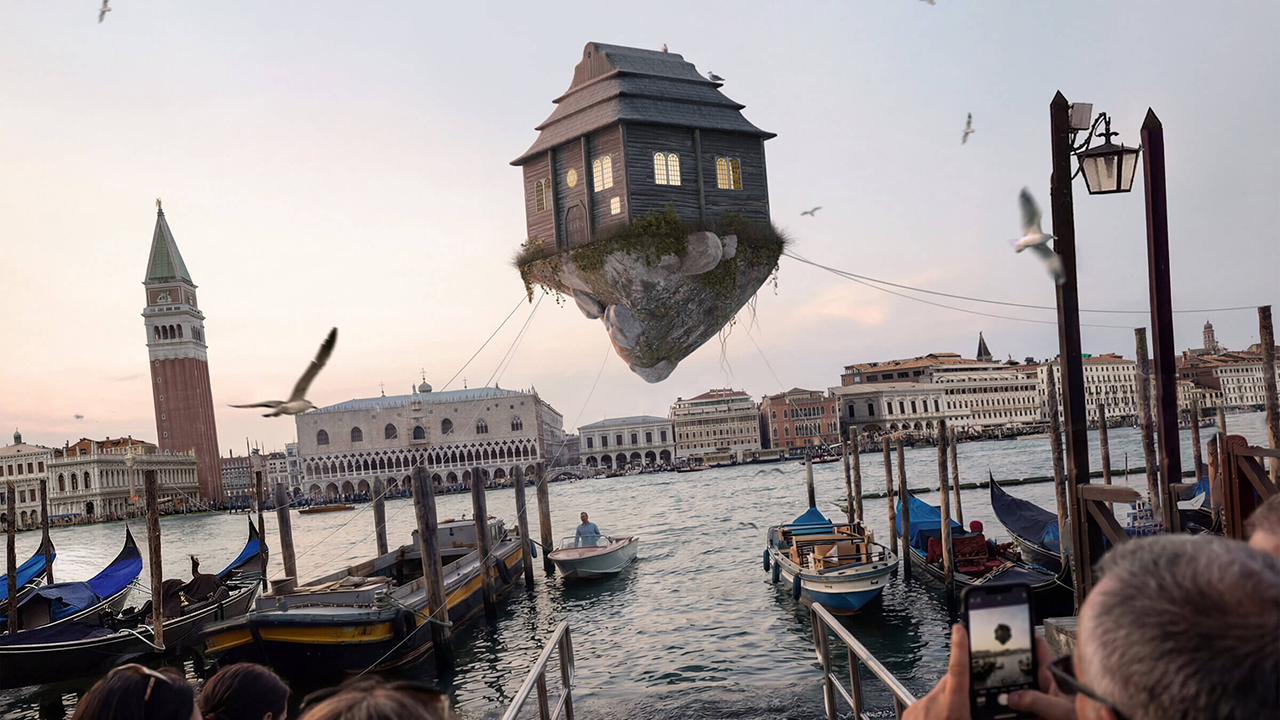 A mockup of the project, a structure that appears to be a synagogue on a floating rock over Venice’s lagoon. (Image by Anna Kamyshan)