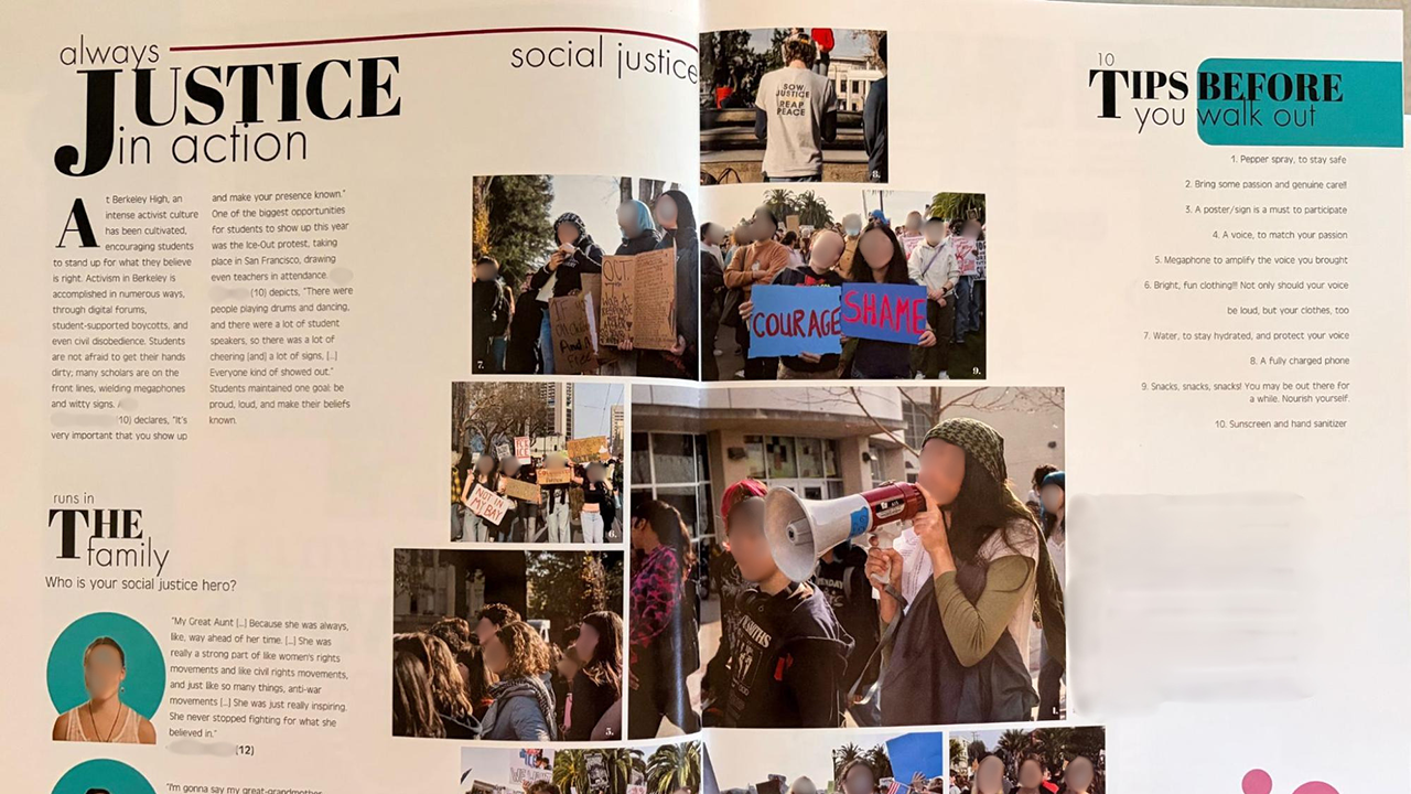 The top left photo of a protester with a sign that reads “Oct. 7 was a response, not an attack” appears in Berkeley High School’s new yearbook.